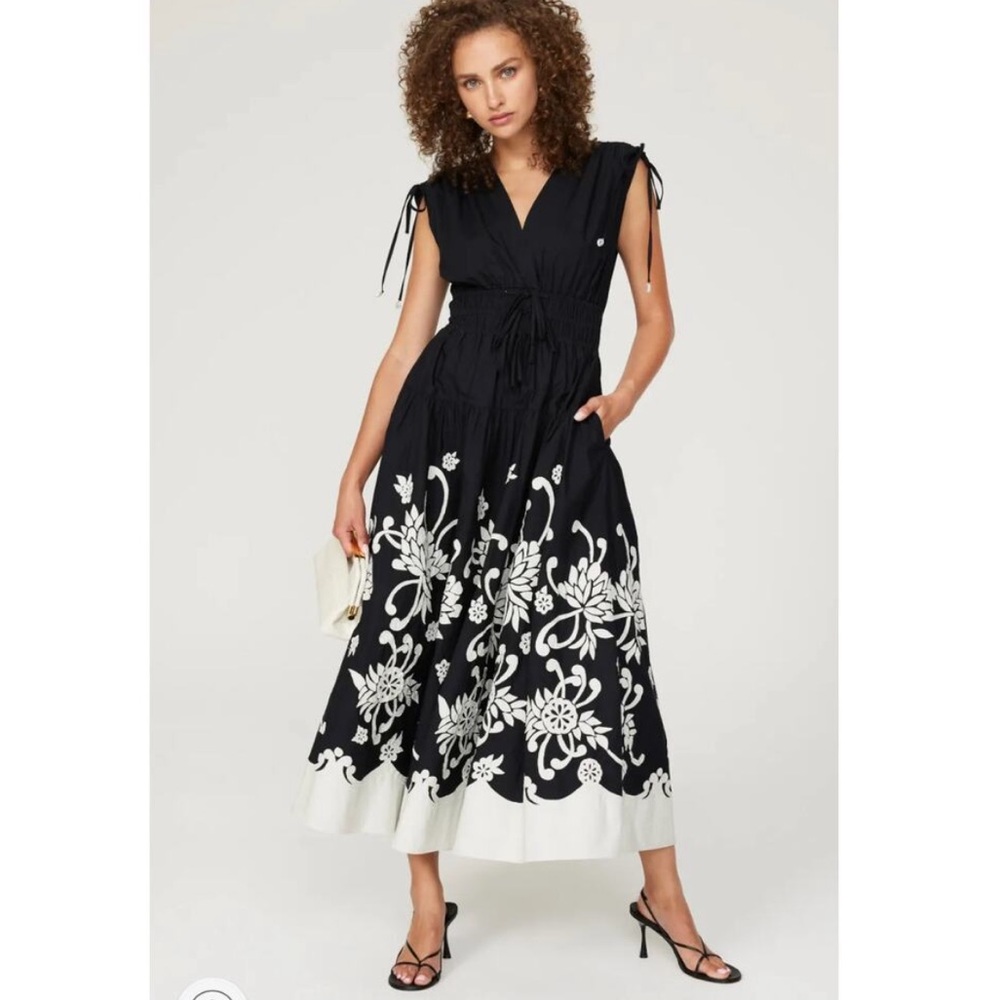 Derek Lam 10 Crosby Fatima Embroidered A-Line Cotton Midi Dress Black White 0